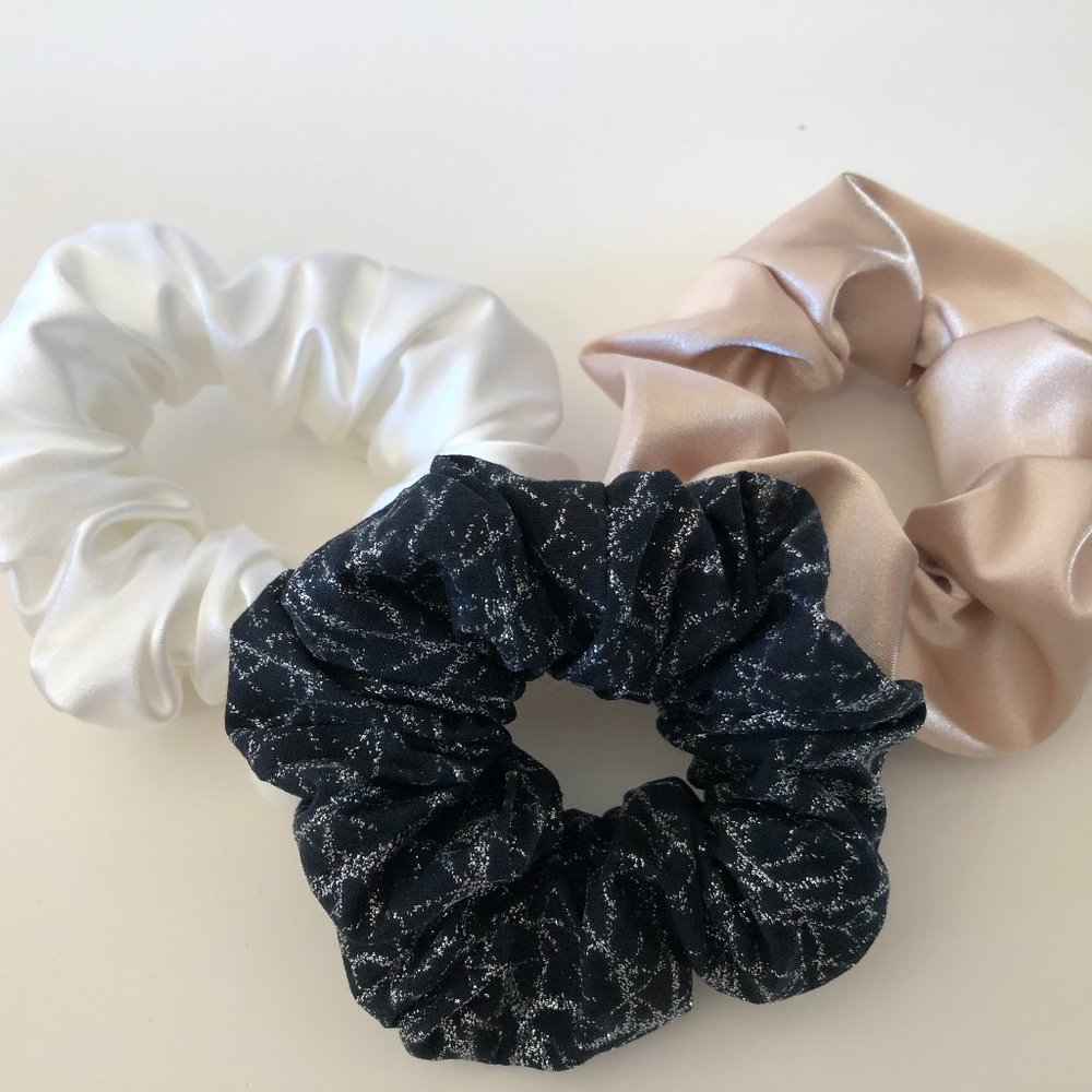 New Handmade Hair Scrunchies - Set of Three - Neutral White, Taupe, Black/Silver